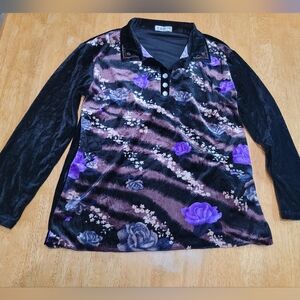 EUC VINTAGE JIA YAN black and purple velvet floral long sleeve blouse